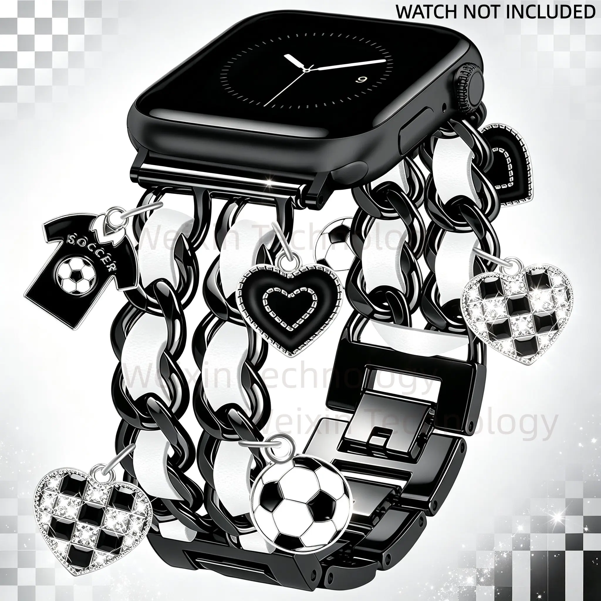 Ladies' black strap compatible with Apple Watch strap, Smartwatch strap 38mm 40mm 41mm 42mm 44mm/45mm adjustable metal strap football charm pendant denim chain bracelet suitable for iWatch series 11/10/9/8/7/6/5/4/3/2/1/SE with heart pendant