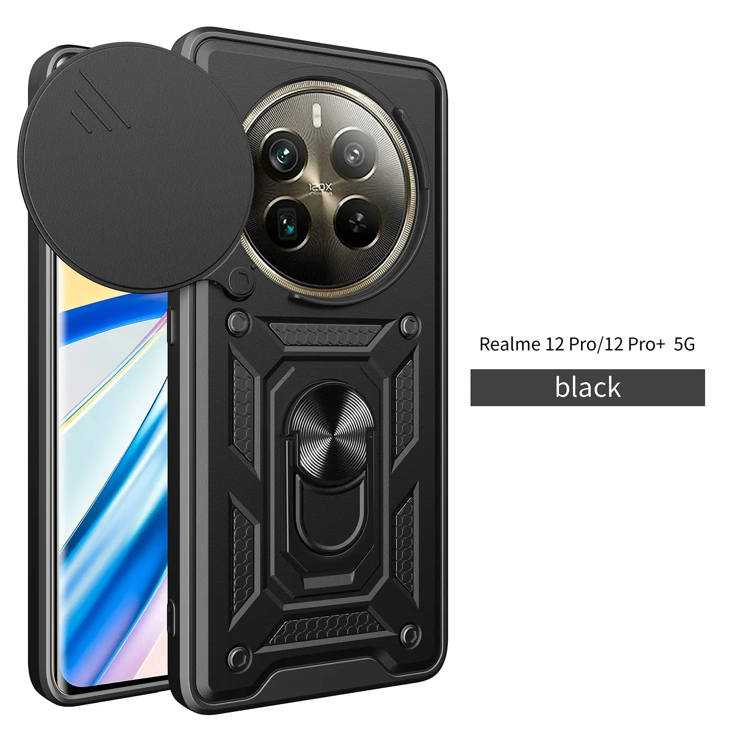 Case for OPPO Realme 12 Pro Plus, Flexible Metal Magnetic Ring Stand, Dust-Proof Lens Cover, Shockproof Hard Shell, Pure Color for OPPO Realme 12 Pro Plus Phone Case