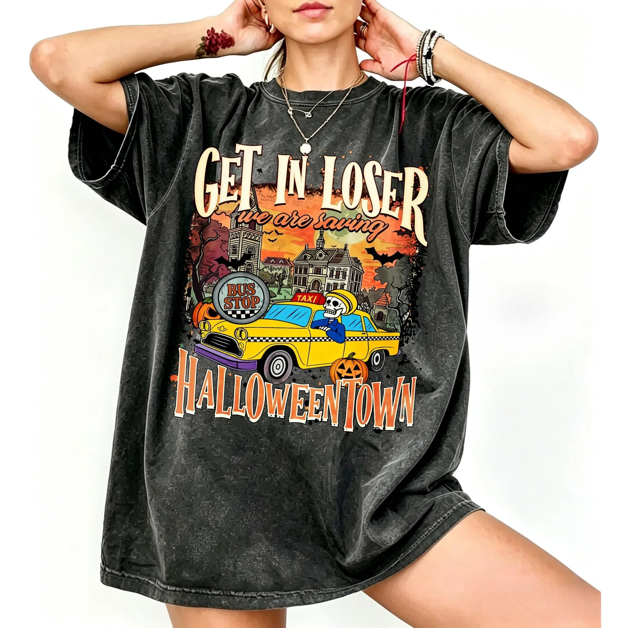 Vintage Skeleton Taxi Driver Washed T-Shirt,Get In Loser We Are Saving Halloween Town Tee, Retro Spooky Town Pumpkin Bat Graphic Shirt,Fall Halloween Shirt, Men Women Gothic Holiday Tee