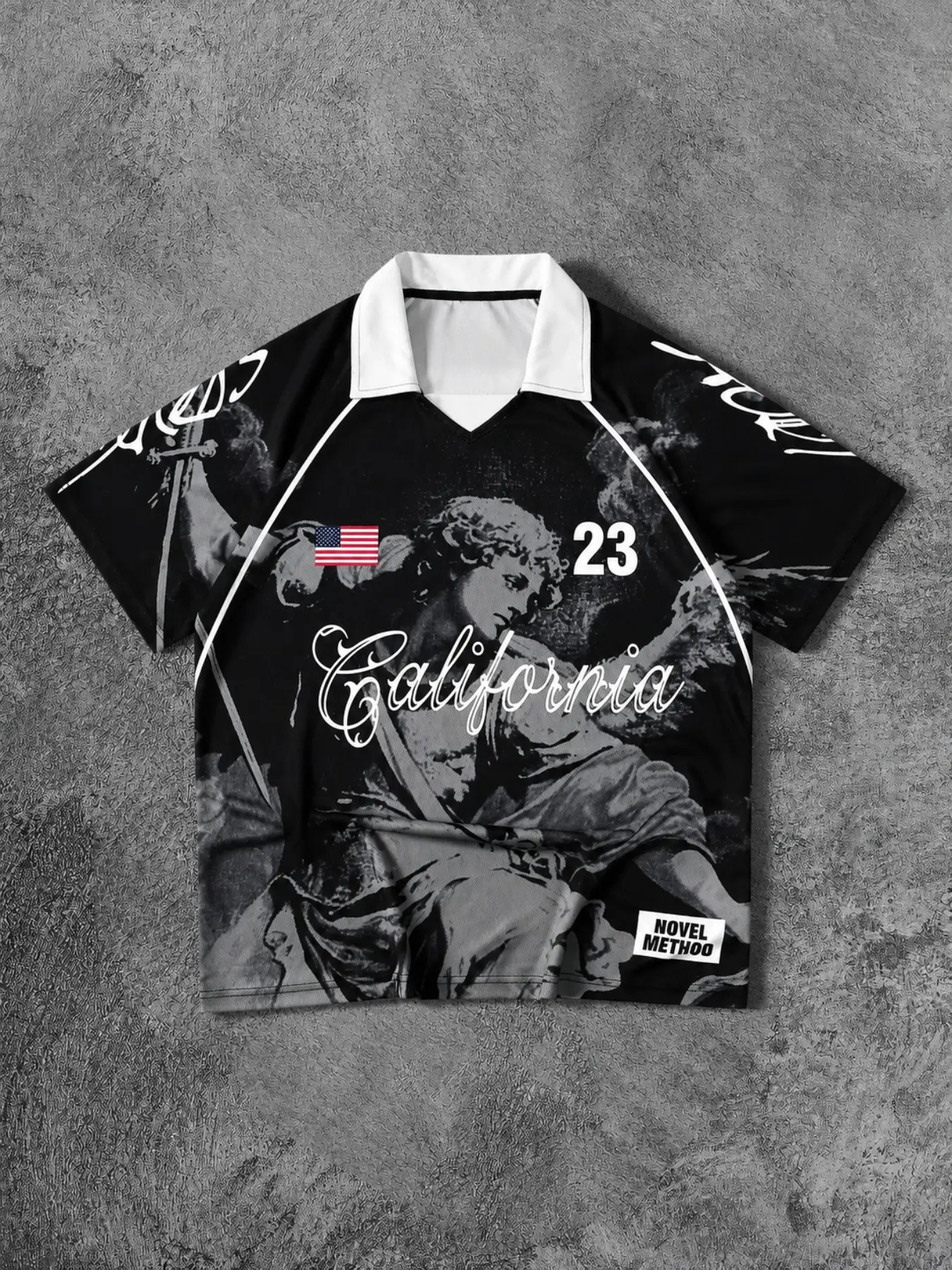 Men's Black Graphic Polo Shirt, Menswear, Short Sleeve Oversized with White Contrast Collar, Portrait, Letter and Number Print, Vintage Y2K Streetwear for Summer, Casual Dates, Parties, Weekend Wear, and Hip Hop Inspired Styling, Printed Polo Shirts