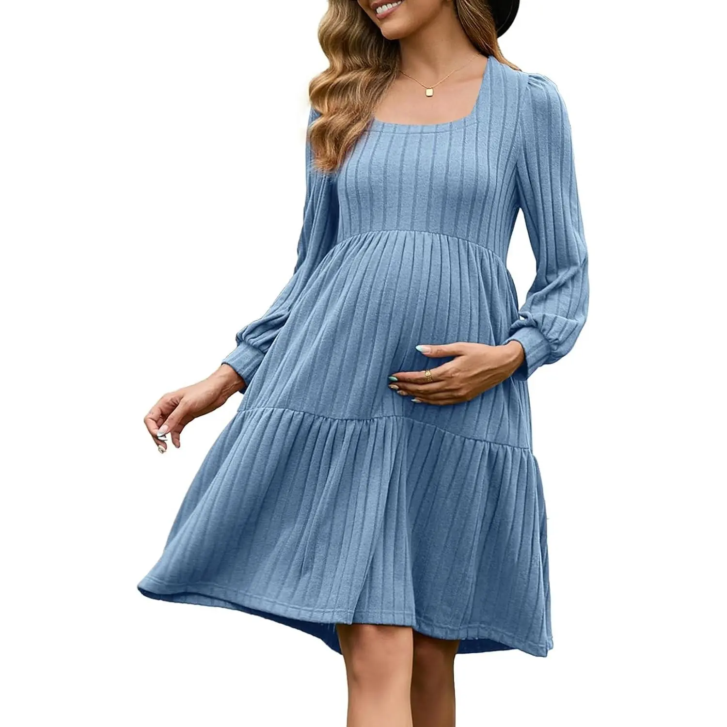 Maternity Sweater Dress Long Sleeve Square Neck Babydoll Dresses Short Elegant Winter Dresses Work Office Dress