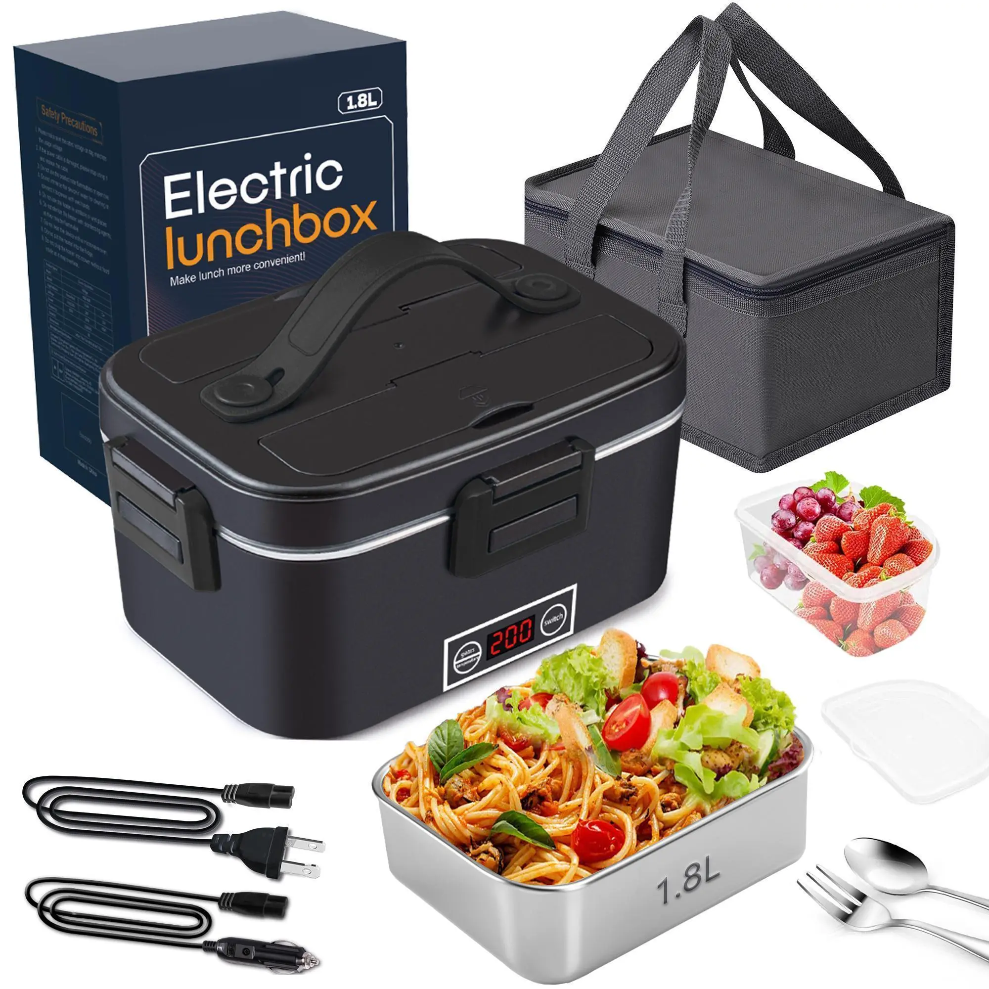 Nifogo 80W Smart Food Warmer Lunch Box - 1.8L Stainless Steel Stylish Leakproof Insulated Portable Bento, 110V/12V/24V for Car/Truck/Work, Display Screen, Black, Smart Lunch Box, Leakproof Lunchbox