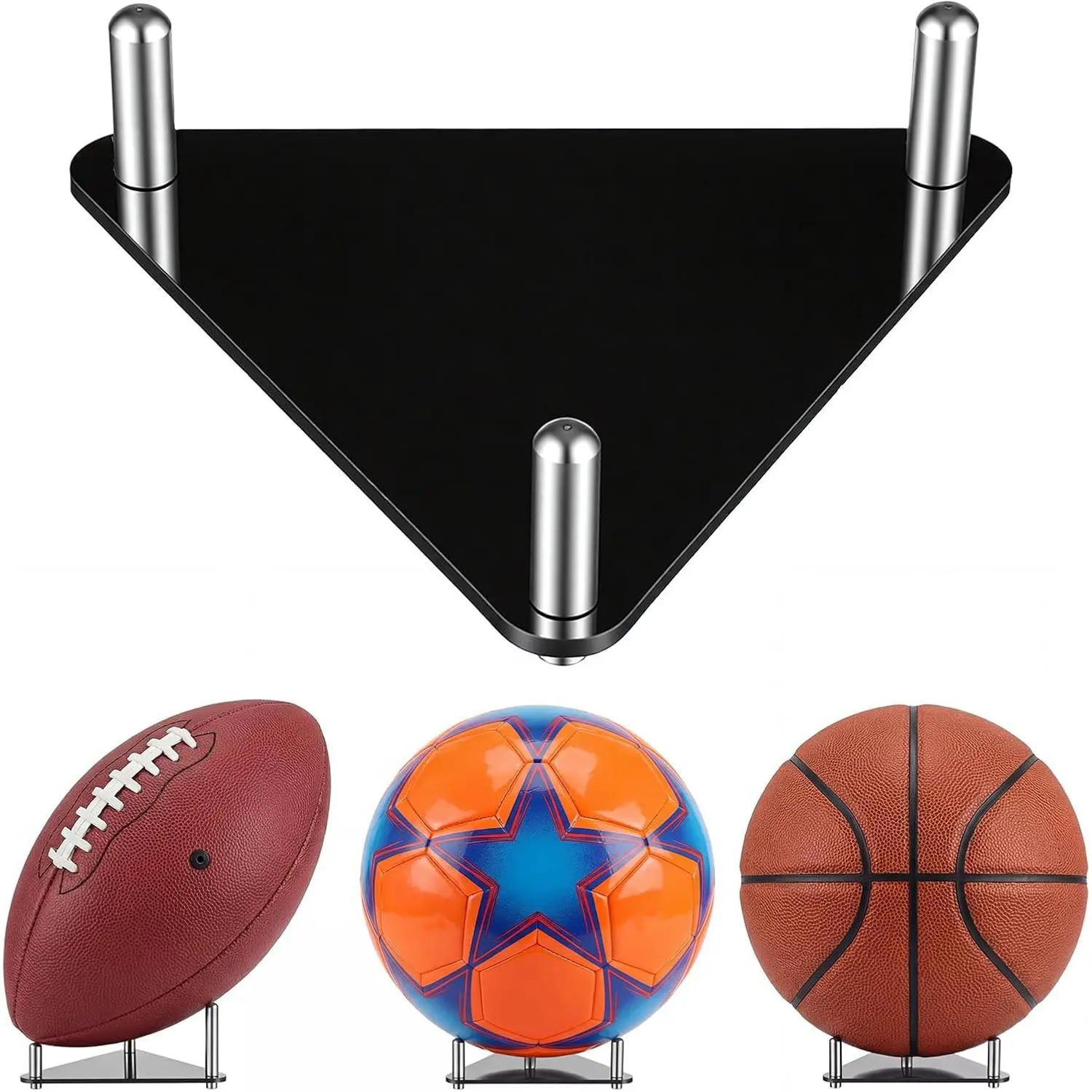 Acrylic Ball Display Stand Tripod Holder with Stainless Steel Rods Multi-Purpose Rack for Basketball Soccer Volleyball Rugby for Home Office or Store Display Black
