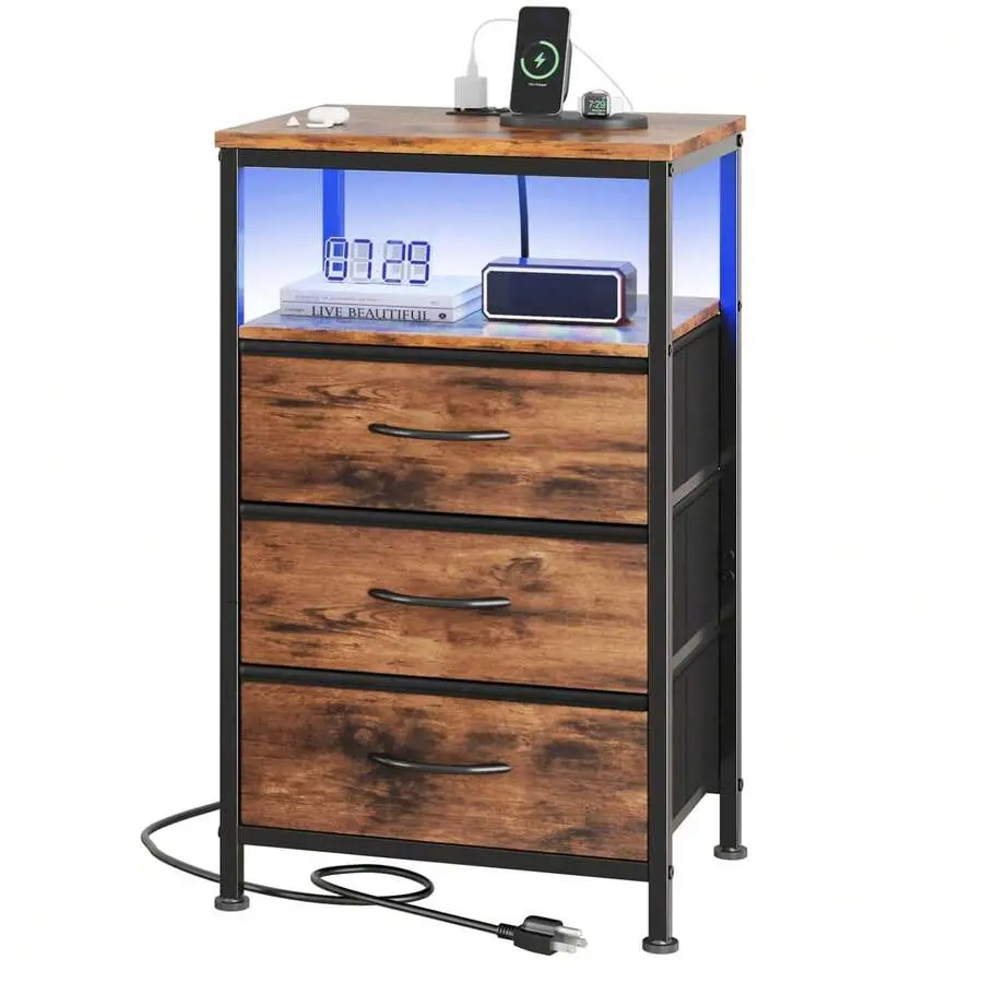 3 Sizes Nightstand With Charging Station, Bedside End Table With Fabric Drawers & USB/Type-C Ports And Outlets, Night Stand For Bedroom Furniture, Adjustable Feet And Variable Light Strip,Brown,Mobile,Standing,Desk,entryway,gaming,office,afford,coffee,set
