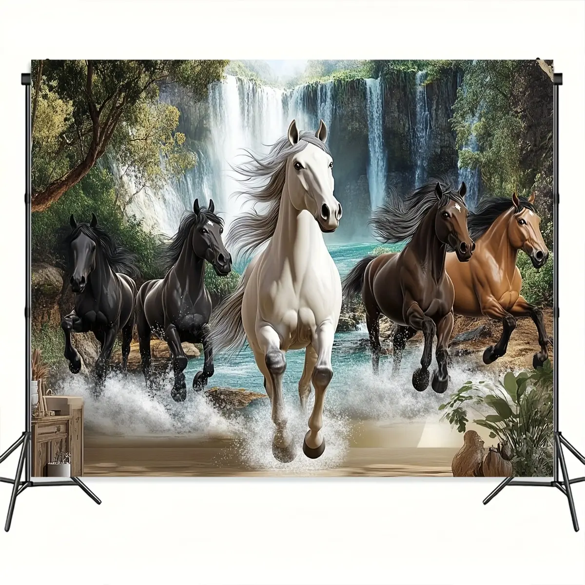 1pc Glam Style 3D Polyester Wall Tapestry - Dynamic Galloping Horses in Jungle Waterfall Scene, Ideal for Indoors Outdoors Decor (Living Room, Wall Art), Gifting for Mother's Day, Anniversary, Birthday