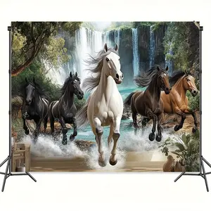 1pc Glam Style 3D Polyester Wall Tapestry - Dynamic Galloping Horses in Jungle Waterfall Scene, Ideal for Indoors Outdoors Decor (Living Room, Wall Art), Gifting for Mother's Day, Anniversary, Birthday