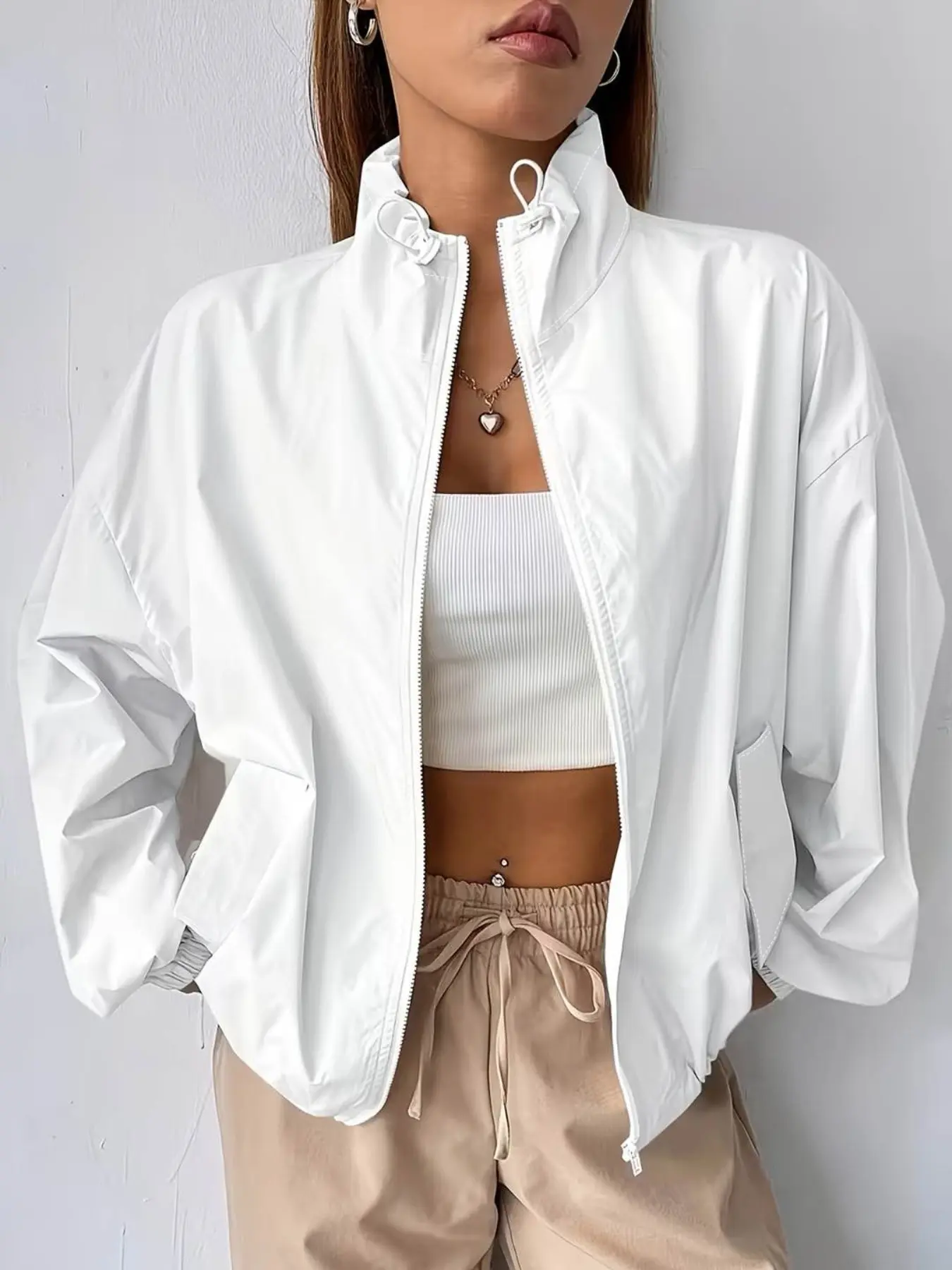 Women's Solid Color Stand Collar Casual Zipper Long Sleeve Jacket, Trendy European and American Style Outerwear, Comfortable and Stylish Coat