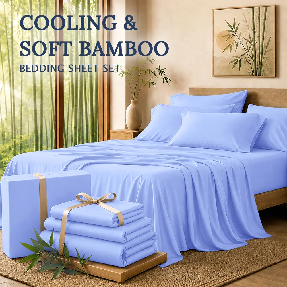 OS OMYSTYLE Deep Pocket Cooling Bamboo Sheet Set, 3/4PCS Ultra Soft & Wrinkle Resistant Bedding, Breathable, Skin-Friendly,14''Deep Pocket for Summer, Include 1 Flat Sheet, 1 Fitted Sheet, 1/2 Pillowcases, Twin, Full, Queen, King, Sheets Set, All Season