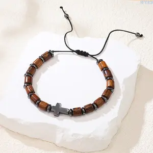 Hand Woven Bracelet, Cross Charm Natural Magnetic Bead with Wooden Spacers, Adjustable Stackable Unisex Faith Jewelry, Daily Casual Outfit & Holiday Gift Accessory