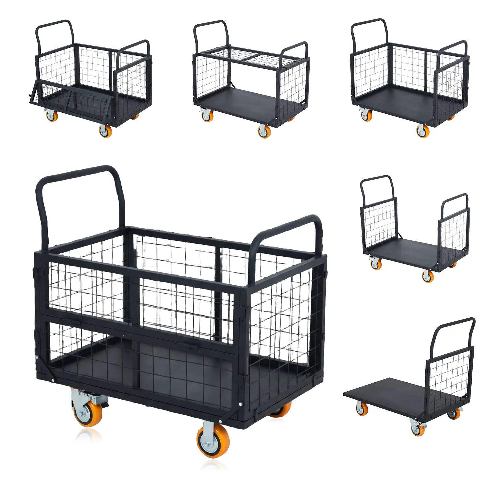Heavy-Duty Collapsible Platform Truck Cart with Cage, Carbon Steel Flatbed Dolly - 1800 lb Capacity - Swivel Casters - 37 x 23 x 35 in - Orange Body/Black Rails