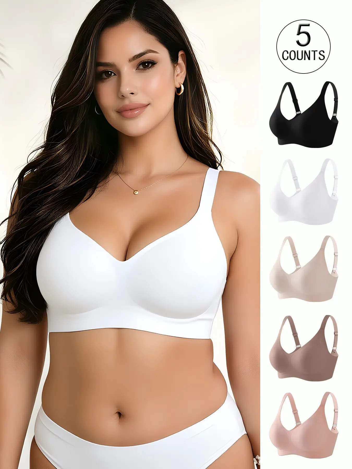 5 Pack/5 colors plus size seamless jelly bra for women, 4 rows 4 hooks, push-up and liftable adjustable sports tank top, daily casual/party/yoga, comfortable breathable skin-friendly, women's wireless plus size bra