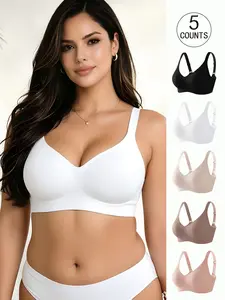 5 Pack/5 colors plus size seamless jelly bra for women, 4 rows 4 hooks, push-up and liftable adjustable sports tank top, daily casual/party/yoga, comfortable breathable skin-friendly, women's wireless plus size bra