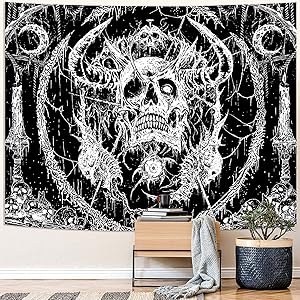 Skull Tapestry, Gothic Horror Moon Skeleton Mystic Dark Tapestries for Bedroom Grunge Wall Hanging Black and White Skull Tapestry, Gothic Horror Moon Skeleton Mystic Dark Tapestries for Bedroom Grunge Wall Hanging Black and White