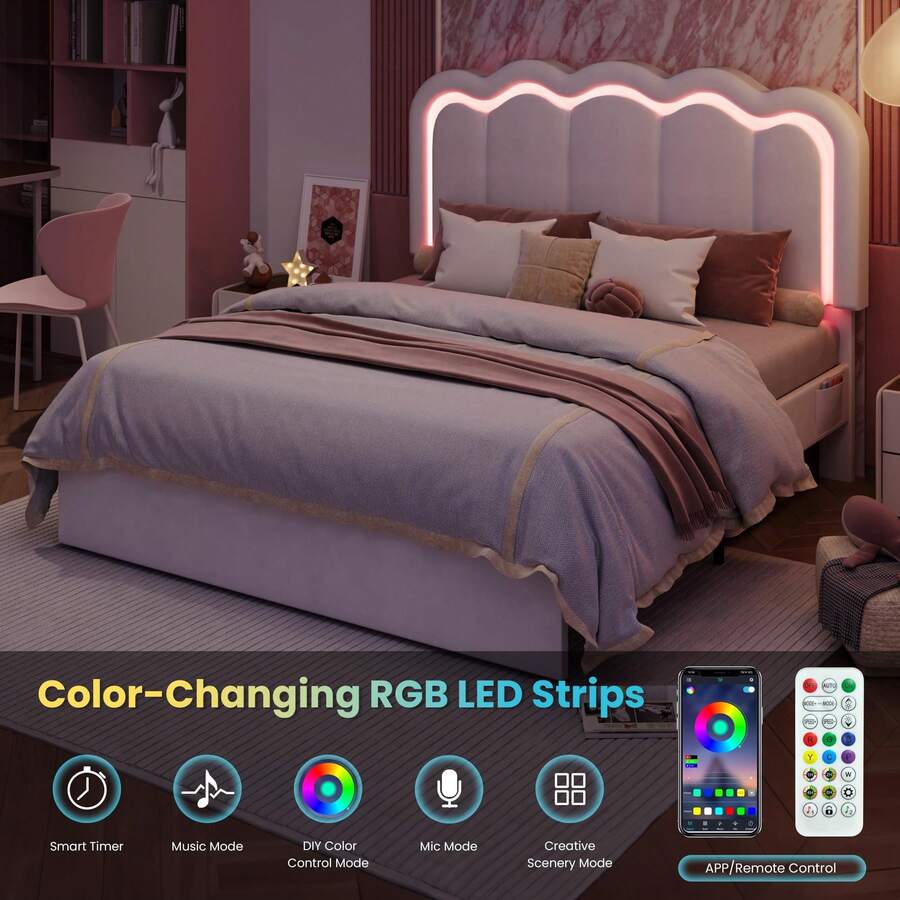 Twin/Full/Queen Upholstered Size Bed Frame With LED Lights, Adjustable Velvet Headboard With Wavy Design, Noise Free, Wooden Slats Platform Bed, Easy Assembly, No Box Spring Needed, White Twin/Full/Queen Upholstered Size Bed Frame With LED Lights, Adjustable Velvet Headboard With Wavy Design, Noise Free, Wooden Slats Platform Bed, Easy Assembly, No Box Spring Needed, White