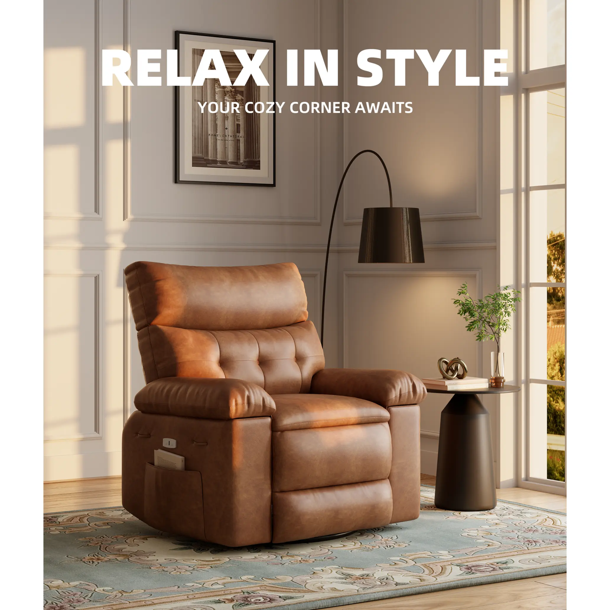 Oversized Recliner Chair with Heat and Massage, 360 Degree Swivel Lazy Boy Recliner for Adults, Manual Rocking Chair with Remote Control for Living Rooms, Bedrooms, Nurseries-Creamy