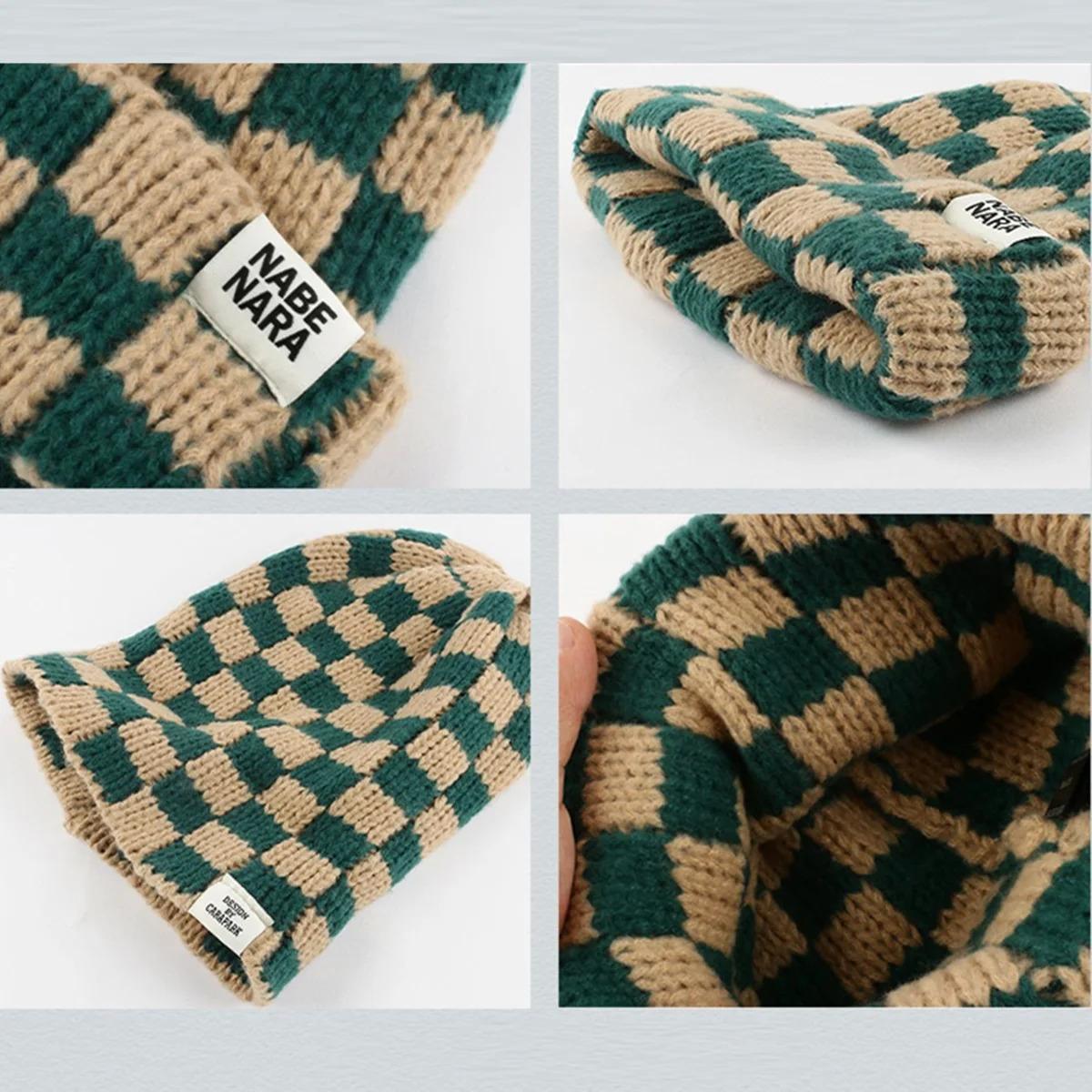 New Japanese Korean Winter Check Plaid Skullies Beanies Knit Hat for Women Ins Luxury Brand Y2k Bonnet Heavy Warm Hat Casual Cap