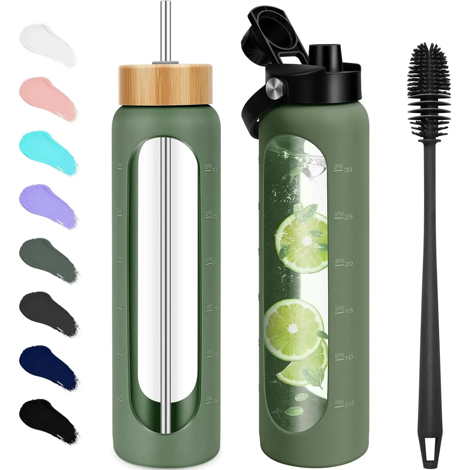 32 oz Glass Water Bottles - 1 Liter Motivational Tumbler With Time Marker - Borosilicate Glass With Silicone Sleeve and 2 Lids, Handle Spout & Bamboo Straw Lid