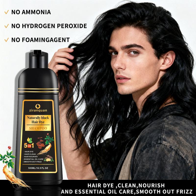 Mens Natural Black Hair & Beard Dye, Ammonia-Free with He Shou Wu | 15-Min Instant Gray Coverage (100% Even Tone) | Permanent Color Safe for Treated Hair, Non-Irritating for Facial Skin | 500ml Kit with Brush, At Home Use for Hair & Mustache