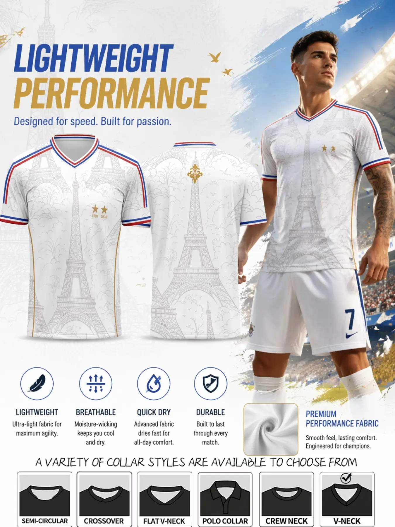2026 France Soccer Jersey, Eiffel Tower Print, Quick-Dry Lightweight Breathable, Blue Stripes, Sporty Style, All Seasons