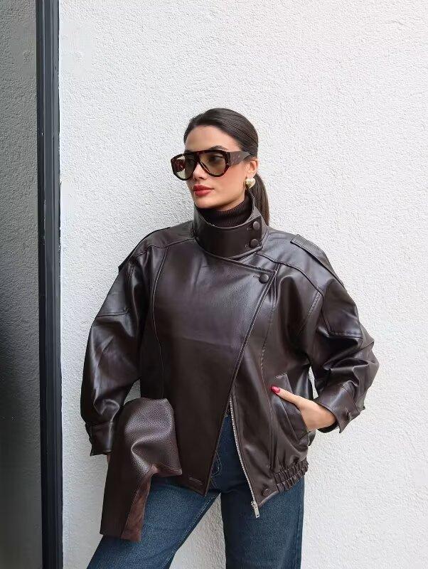 Faux Leather Stand Collar Oversized Moto Jacket, Elastic Hem Motorcycle Streetwear, Casual Long Sleeve Water- and Wind-Resistant Outerwear for Spring & Fall, Ladies Clothes for Daily Wear, Chic Outerwear, Coats