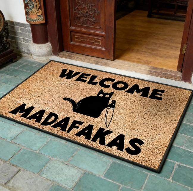 Sarcastic "Welcome Madafakas" Black Cat with Knife Diatomaceous Earth Doormat. Fast Drying Super Absorbent Diatom Mud Entrance Mat. Non-Slip Floor Rug for Front Door Bathroom Kitchen. Unique Funny Gift for Naughty Cat Lovers.
