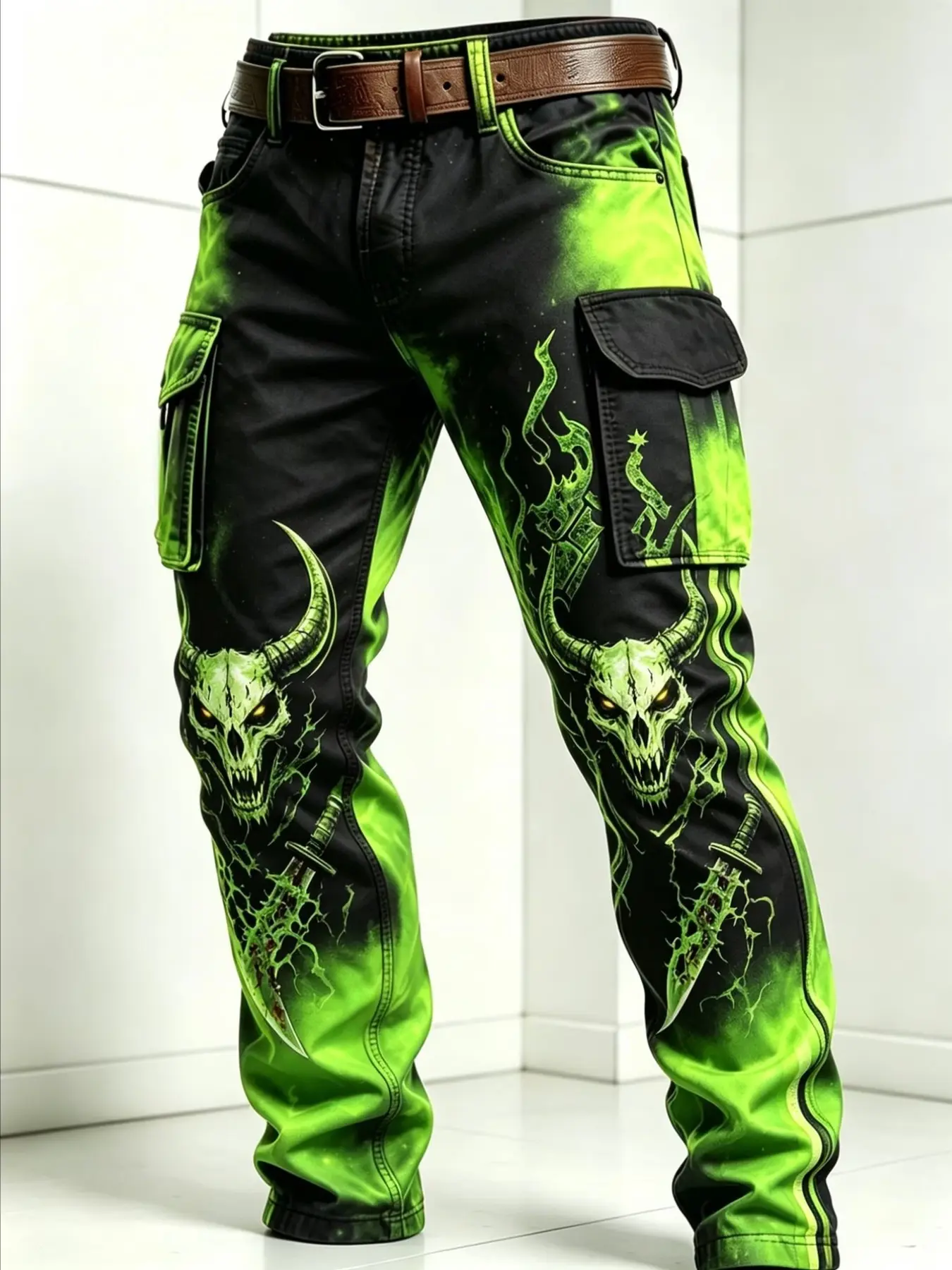Gothic Dark Multi-Pocket Straight Leg Men's Casual Pants, Fluorescent Gradient Devil Horn Skull Print, Fall & Winter Long Pants