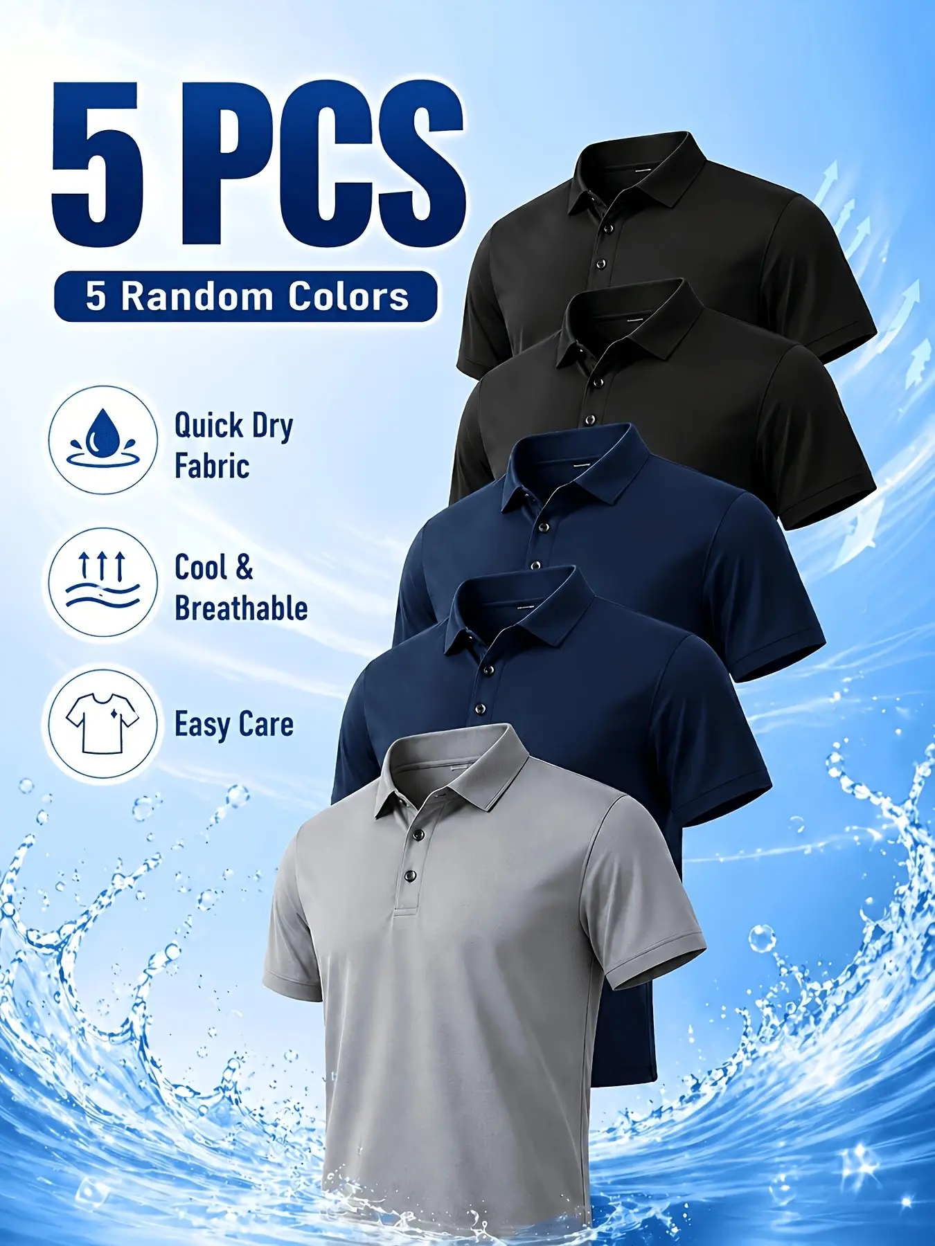 5pcs Men's Quick-Dry Breathable Polo Shirts, Summer Short Sleeve Business Casual Tops, Geometric Pattern, Loose-Fit