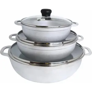 Caldero Stock Pot with Glass Lid 3pc Set, 1.5/2.5/5.2qt, Cast Aluminum, Perfect for Serving Medium & Small Groups, Riveted Handles, Made in Colombia, Silver.