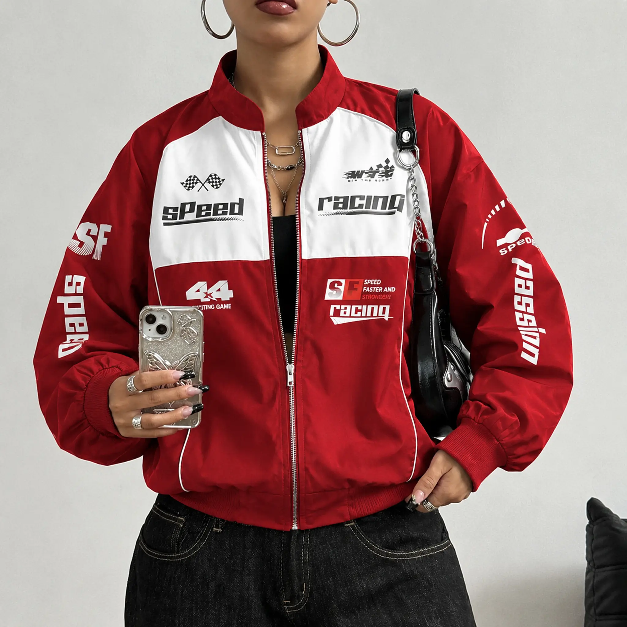 Women's Color-Blocked Racing Print Graphic Slogan Casual Jacket - Longsleeves Jackets for Women, Stand Collar, Windproof Polyester, Pull-On Raglan, Multiple English Graphics, Ribbed Hem, Statement Style Funky Bright Crop Top,sohochic