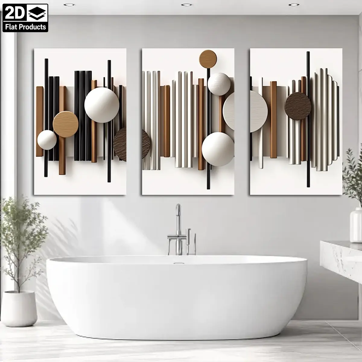 2D Neutral Tone Abstract Geometric Artistic Canvas Art 3-Piece Triptych Print - Frameless Wall Artwork, Affordable Home Decoration - Hanging for Room, Kitchen - Autumn Clearance Posters & Prints Home Decor