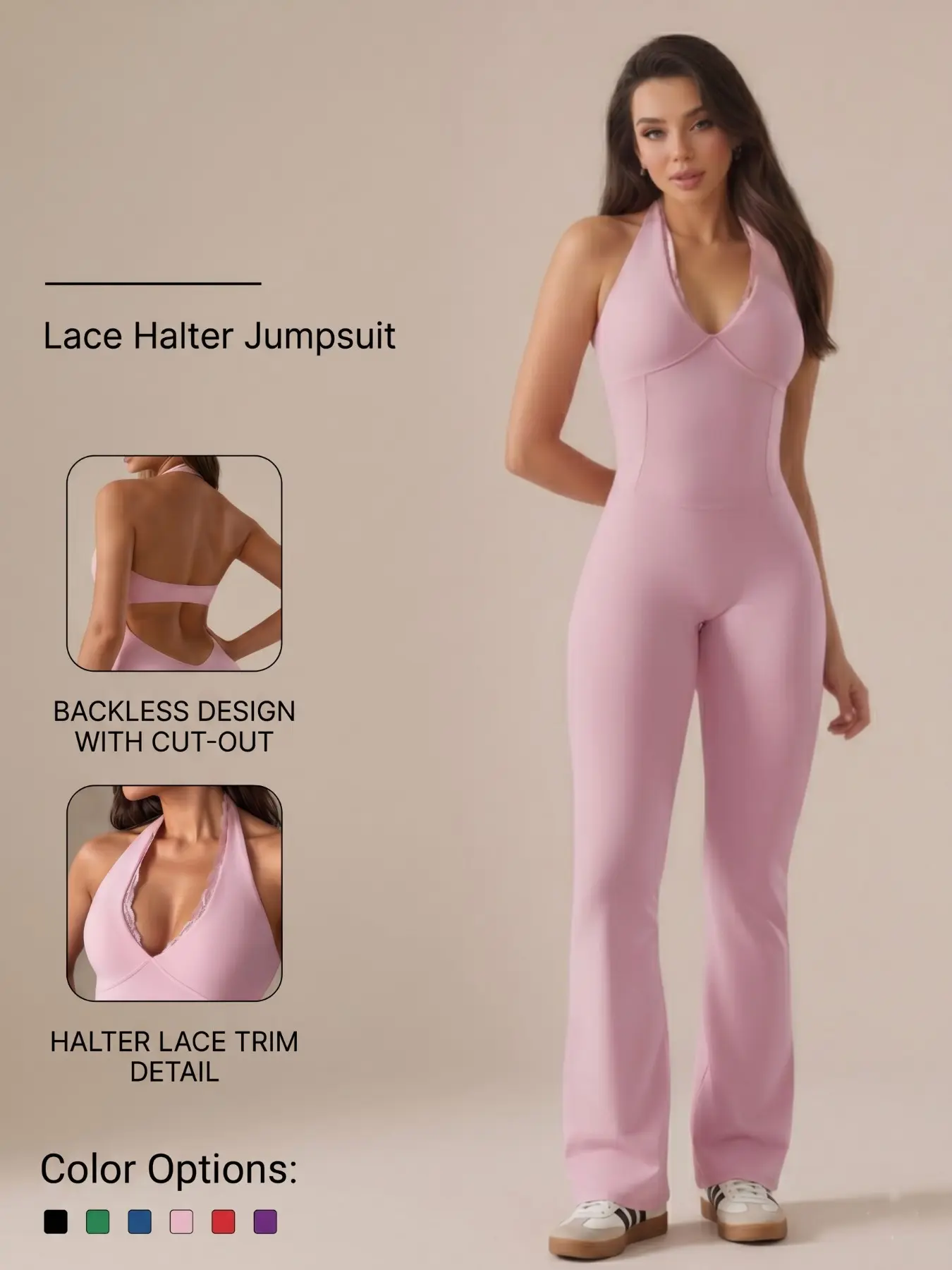 Women's V Neck Lace Jumpsuit Yoga, Backless Tight Fit Quick-Dry Sportswear, Micro Flare Long Pants for Gym Home Comfort, Solid Color Sporty Jumpsuits, Workout Jumpsuits, Quick Drying Jumpsuit