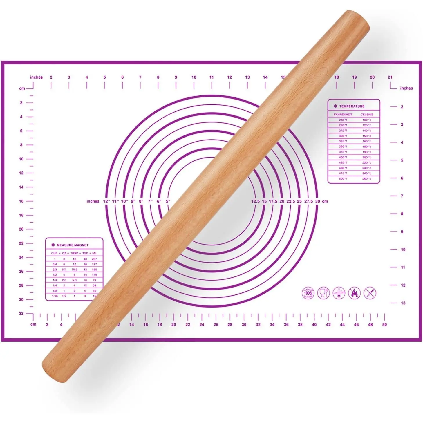 16 Inch  Rolling Pin for Baking, Wooden  Dough Roller with   Pastry Mat, Beech  Rolling Pins for Baking Dough, Pizza, Pie, Pastries, Pasta and Cookies