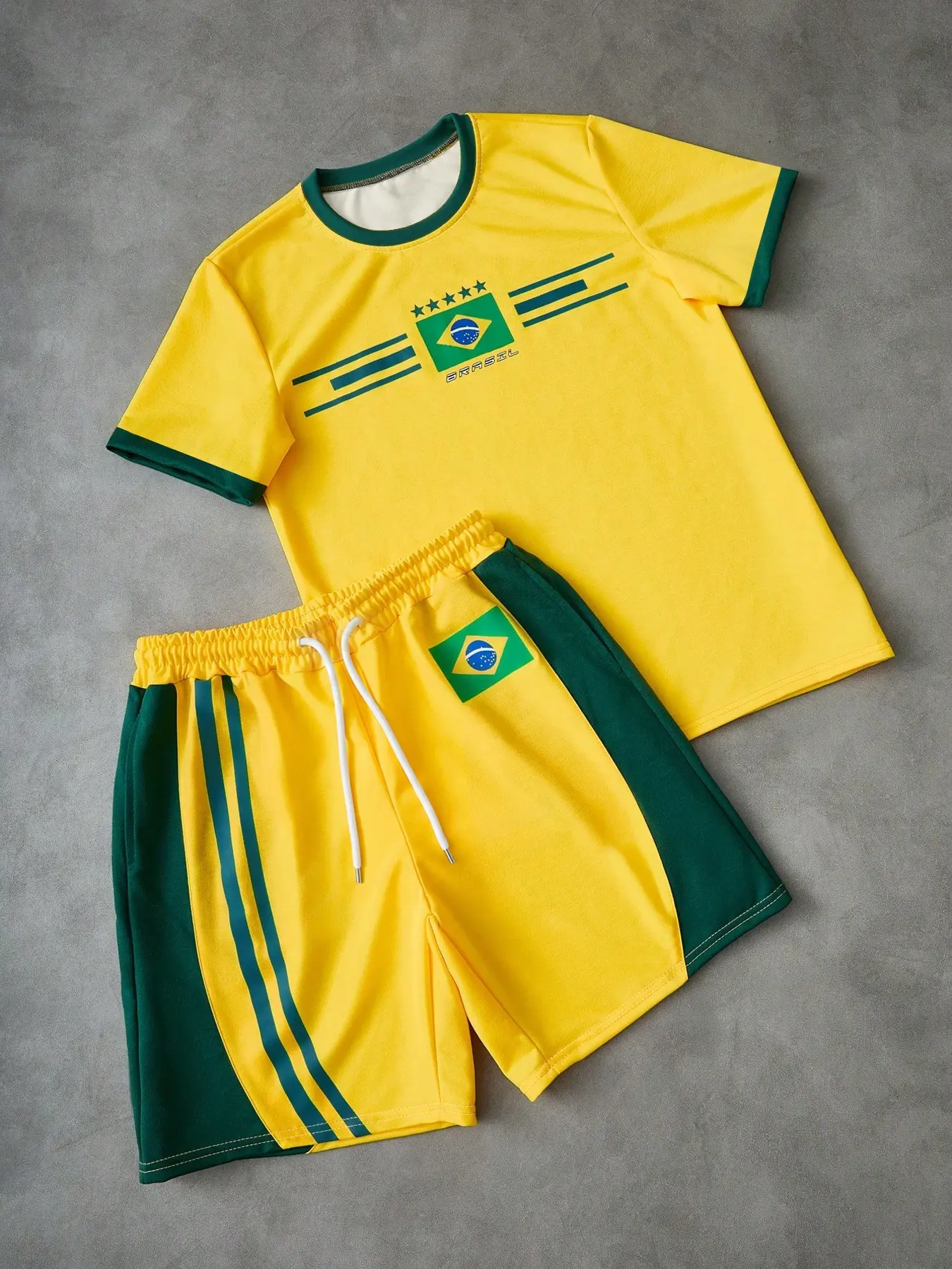 Men's 2-Piece Set Outfit, Brazilian Print T-Shirt and Letter Print Shorts, Casual Comfortable, Ideal for Daily Activities, Sports