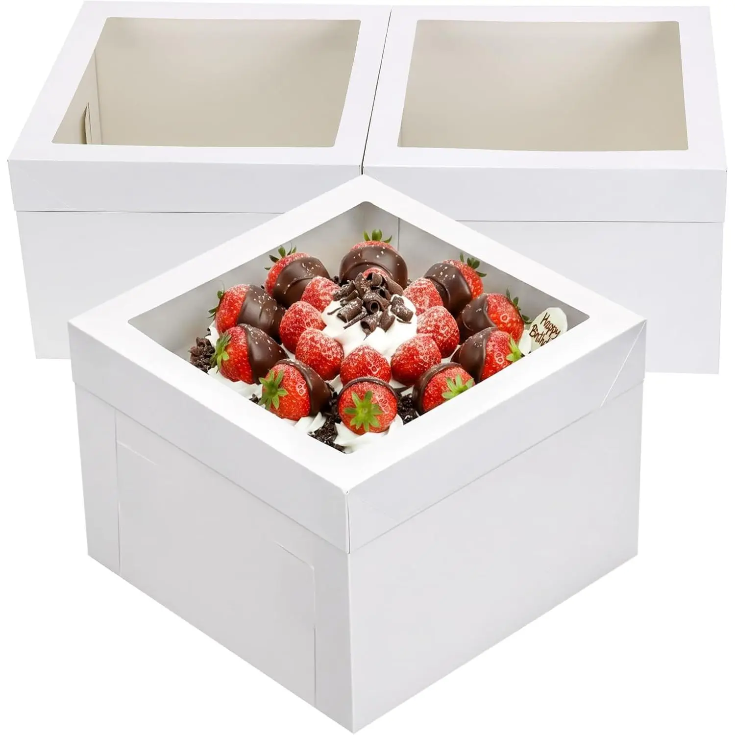3-Pack 12x12x8 in Thick Cardboard Pre-Folded White Cake Boxes, Bakery Containers with Large Window, Disposable Cake Carrier for Birthday Parties, Cupcake Cookie Pastry