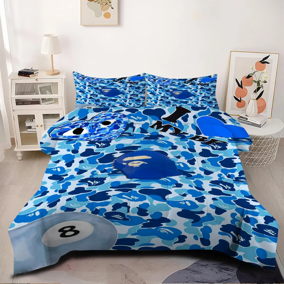 2/3 Piece Blue Camouflage Printed Quilted Bedspread Set, Fashionable Street Style Printed Bedding Set, Soft And Breathable Quilted Quilt With 1/2 Pillowcase (Excluding Pillow Core), Suitable For Bedroom Or Dormitory Decoration, Suitable For All Seasons