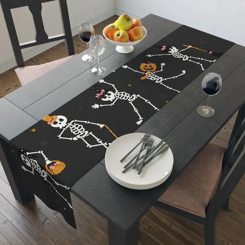 Halloween Table Runner Dancing Skeleton Pumpkin Table Decor Spooky Holiday Party Dining Table Decoration for Home Kitchen