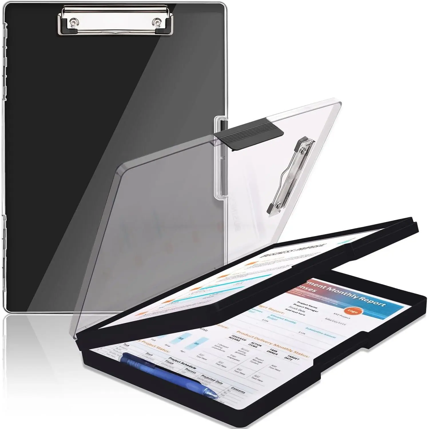 Clipboard with Storage,Heavy Duty Clip Boards 8.5x11 with 2 Storage Case,Clear Visible Panel Storage Clipboards,Side Opening  Clipboard Folder for Office Supplies-Black