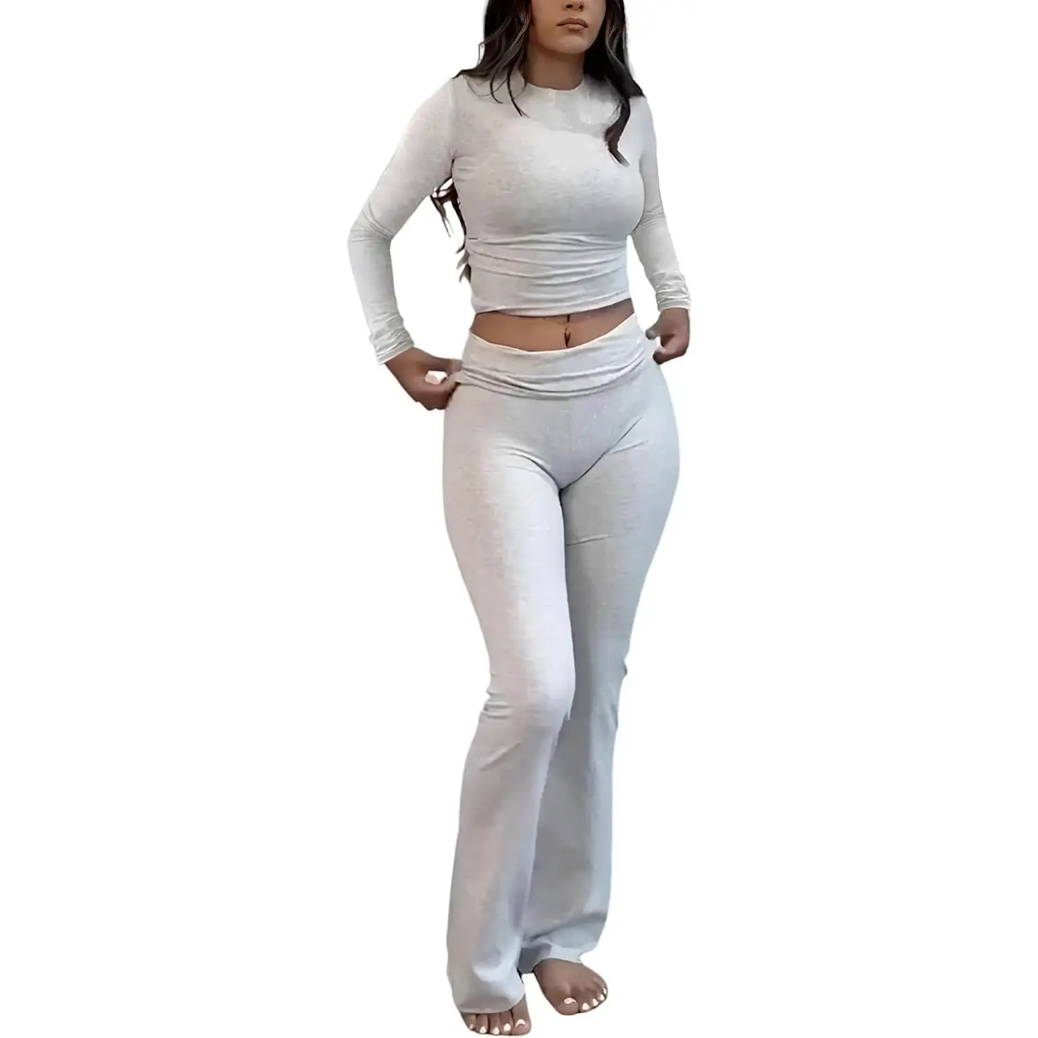 Casual Workout Two Piece Outfits Long Sleeve High Waist Fold-Over Flared Leggings Pants Tracksuit Sets Streetwear