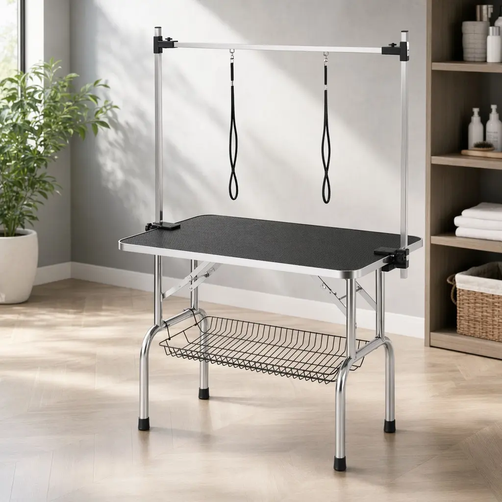 36 in Heavy-Duty Portable Professional Dog Grooming Table, Stainless Steel Adjustable Metal Arm, Rubber Noose, Ribbed Surface, Secure Clamping, Easy-Clean Mesh Tray, 300 lbs Capacity, 33 lbs