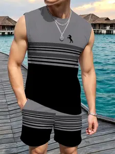 Men's Casual Sleeveless Top and Drawstring Shorts Set, All over Print, Fitted, Unlined, Summer Loose Two-Piece