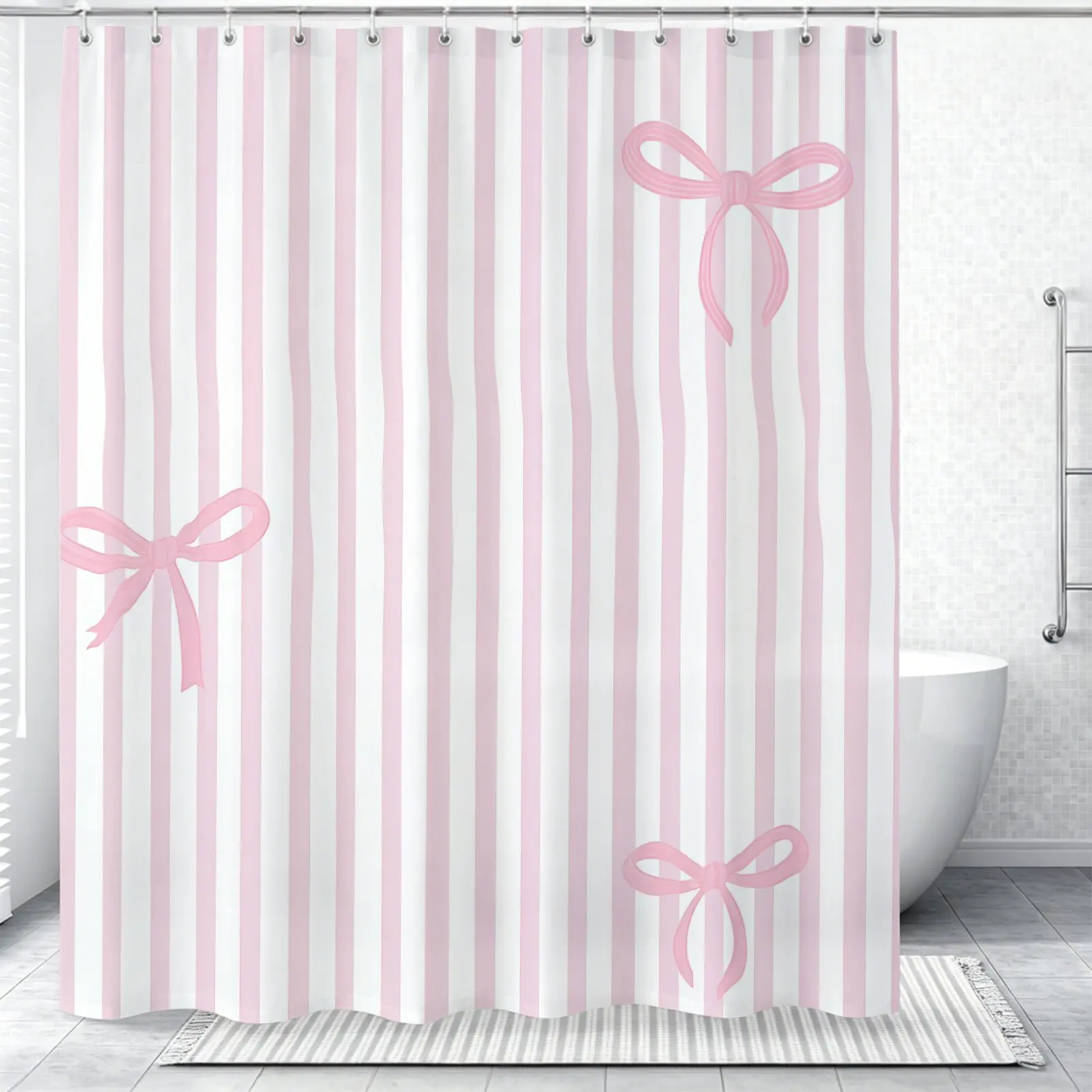 1 Piece Of Ins Style Pink Striped Printed Pattern Shower Curtain, Fresh Stripes, Waterproof And Soft Fabric, Fashionable Decoration For Dormitories And Bathrooms, Suitable For Teenagers And Adults