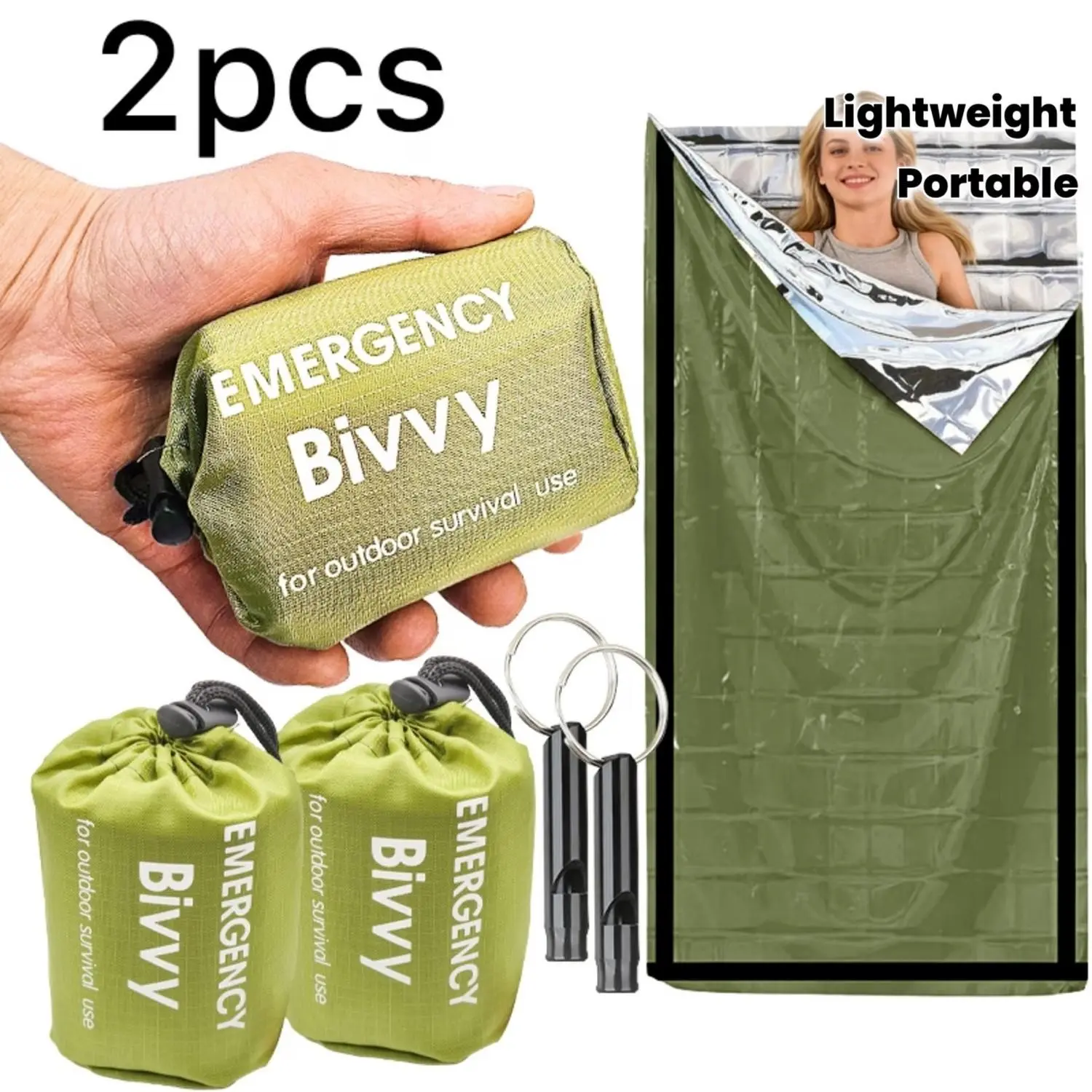 2-Piece Emergency Sleeping Bag Set, Includes Storage Bag and Whistle, Portable Emergency Gear, Ideal for Outdoor Camping