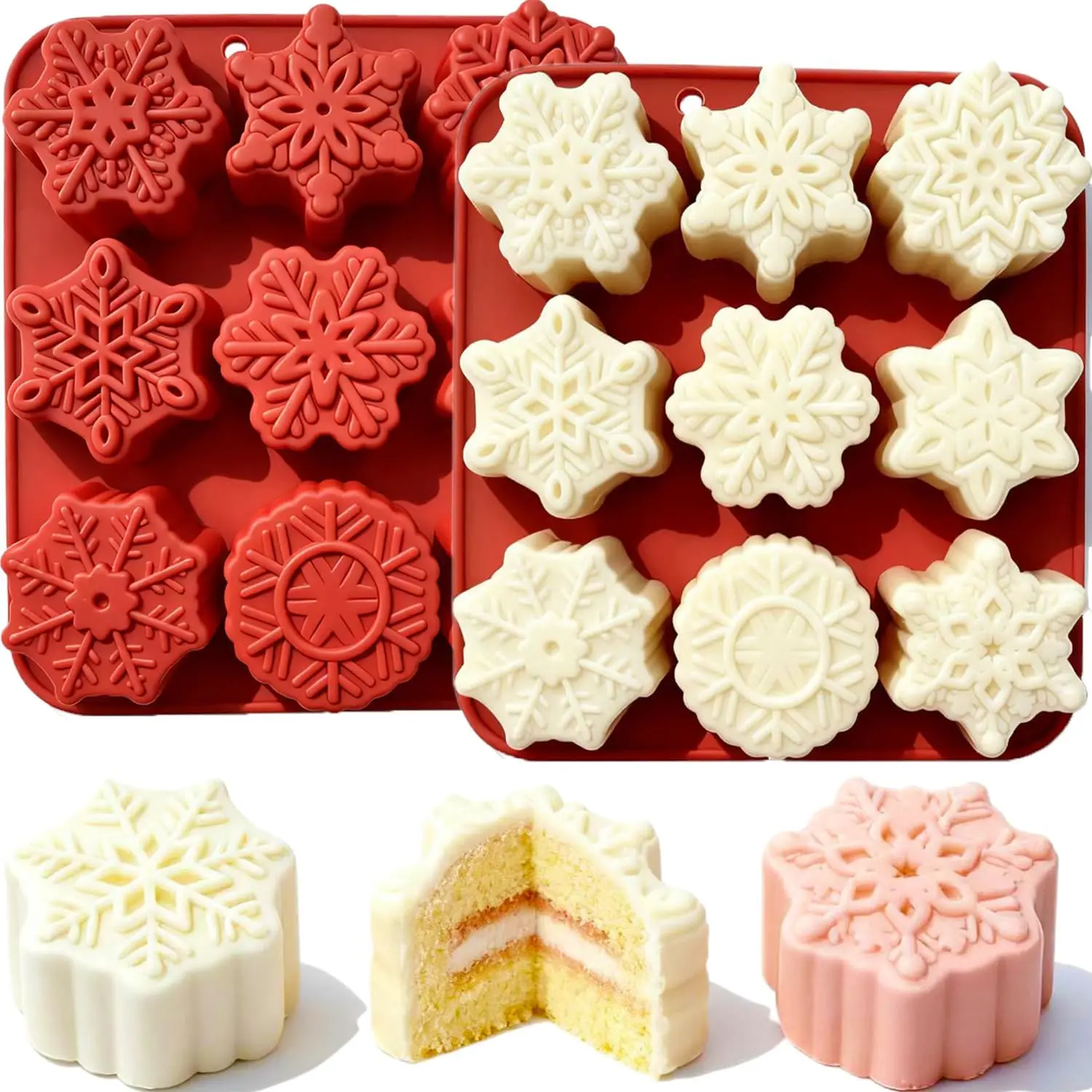 2 count Snowflake  Mold, 9 Style Christmas Snowflake  Candy Molds Holiday Siliocne Baking Molds for Dessert Soap Candles Jello Ice Wax Melt, Xmas Party Baking Cake Decor Mold