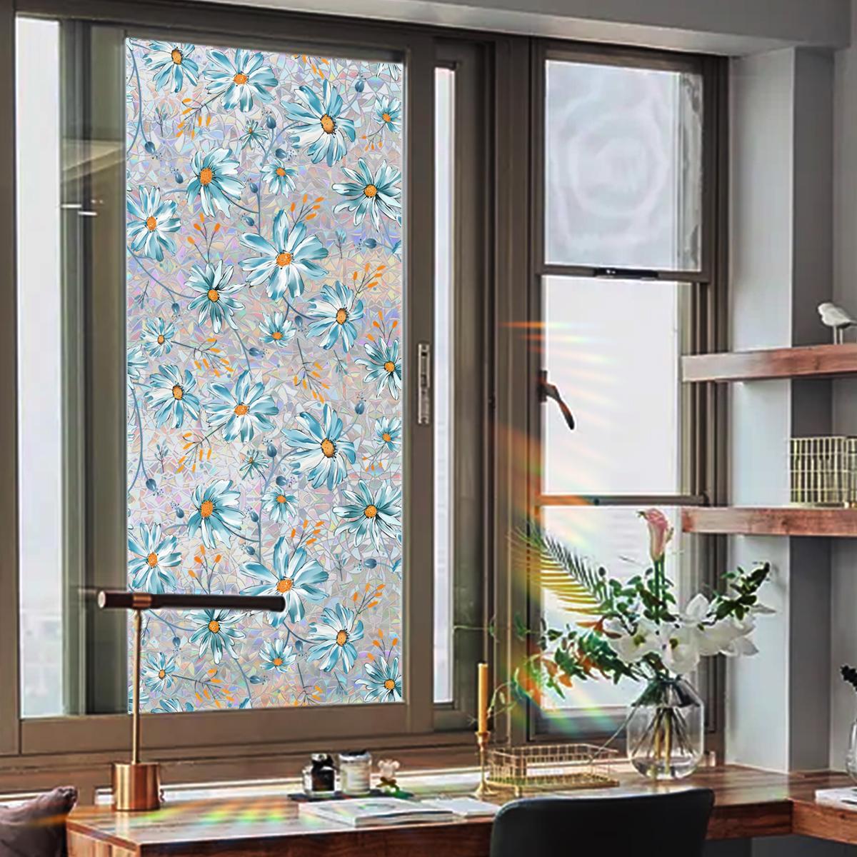 Daisy Pattern Window Sticker, Double Sided Window Decal, Static Cling Window Film, Floral Pattern Sticker, Decorative Sticker for Home Kitchen Living Room Bathroom, Ornaments