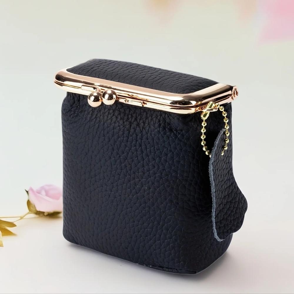 Vintage Genuine Leather Mini Handbag Organizer with Secure Kiss Lock, 1 Count Spacious Coin  &  Earphone & Lipstick Case, Travel Cosmetic Pouch, Makeup Organizer Pouch