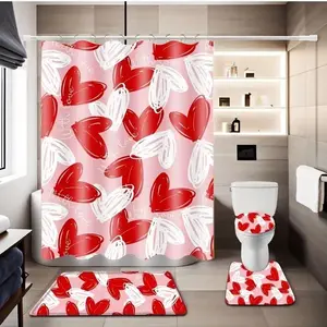 1/4-piece Valentine's Day themed romantic shower curtain set, including a non-slip mat, U-shaped rug, and toilet seat cover. Perfect for bathroom decoration, partitioning, and beautifying the space. Comes with 12/24 shower curtain hooks.