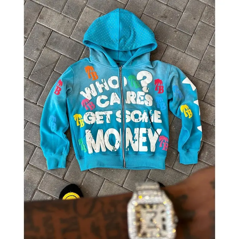 Zipper Hoodie Bubble Print Letter Pattern Jacket Hip Hop Sweatshirt Unisex