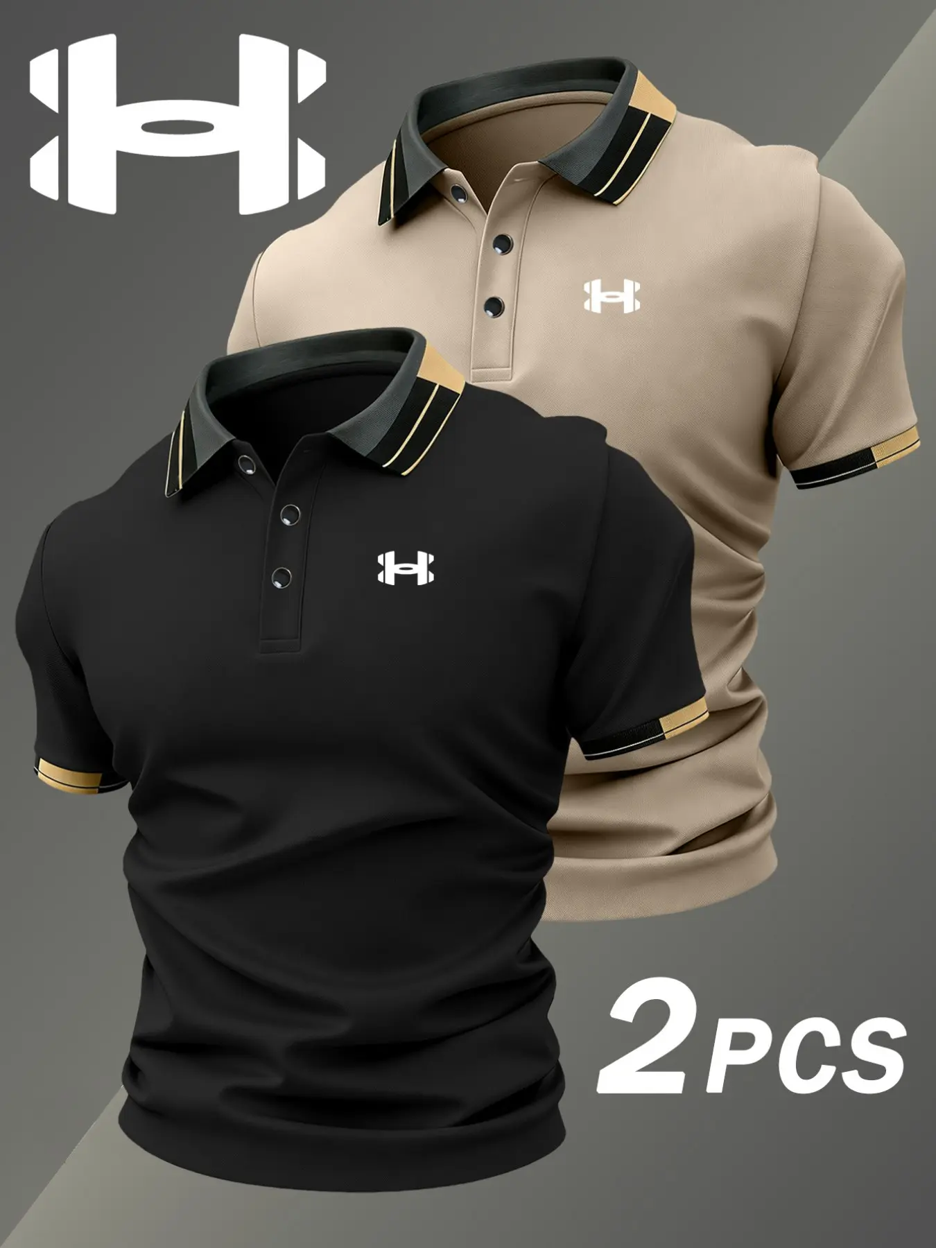 Men's Casual Geometric Print Polo Shirt, Fitted Elastic Comfortable Breathable Four Seasons Wear, High-End Fashion Top, 2-Pack