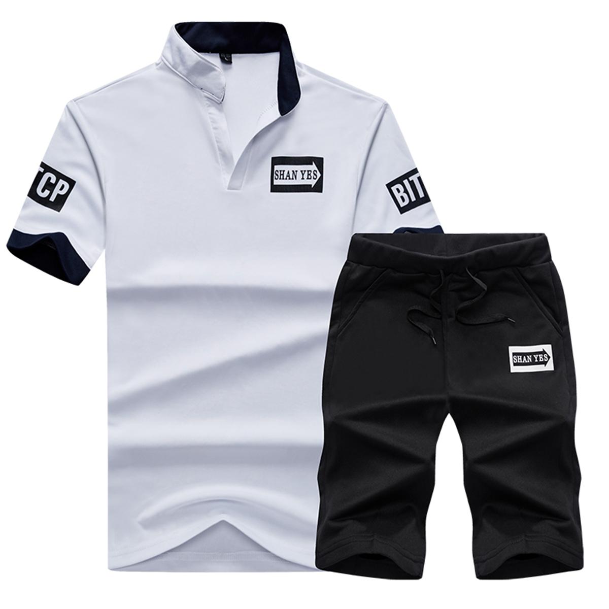 Minimalist Smart Casual Mens 2 Piece Set Versatile White Stand Collar Polo Shirt with Contrast Sleeve Patch and Black Drawstring Shorts for Office Casual Fridays and Daily Commute
