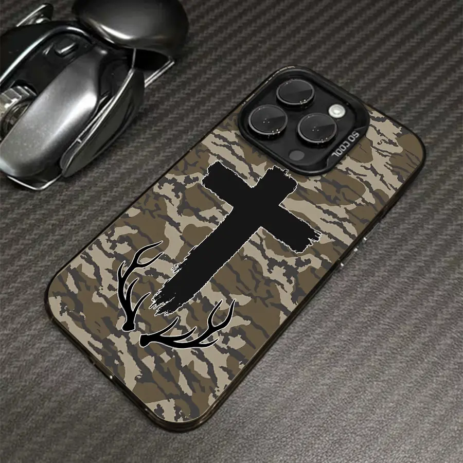 Phone Case - Phone Case - Phone Case: 1 camouflage cross antler phone case designed for Apple iPhone 17 Pro Max, 16, 15, 14, 13, 12, 11 Pro Max, Pro, XS Max, XS, X, 7 Plus, and 8 Plus. This hard case is drop resistant and features a retro style.